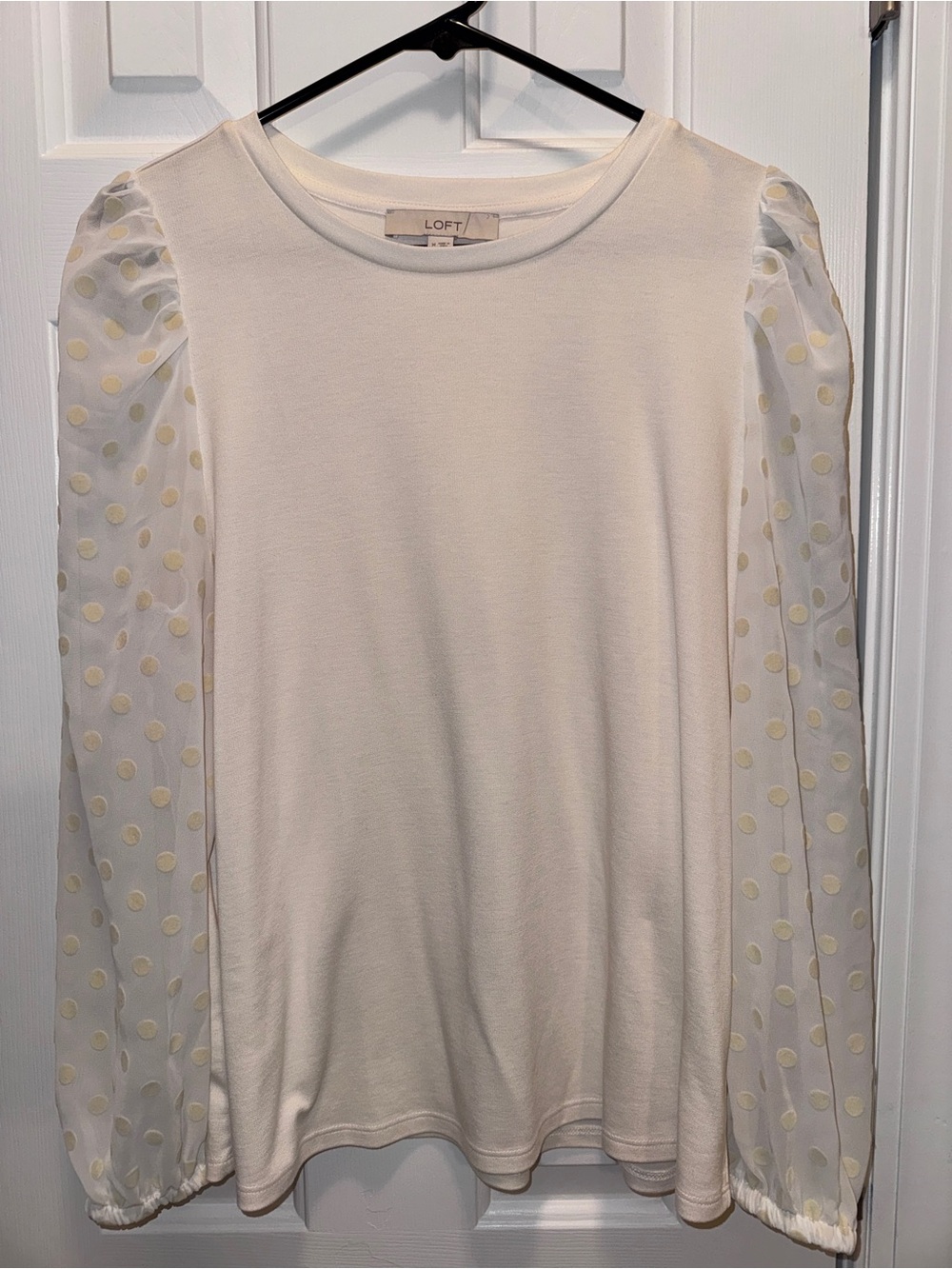 LOFT Cream Polka-Dot Sheer Puff-Sleeve Long Sleeve Top